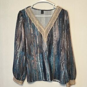 SHEIN Multi Colored V-Neck Crocheted Trim Long Balloon Sleeve Top Blouse Large.